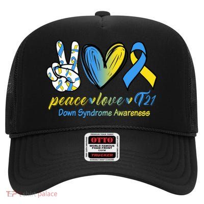 Peace Love Down Syndrome Ribbon High Crown Mesh Back Trucker Hat