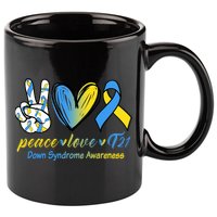 Peace Love Down Syndrome Ribbon 11oz C Handle Ceramic Mug