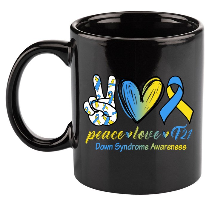 Peace Love Down Syndrome Ribbon 11oz C Handle Ceramic Mug