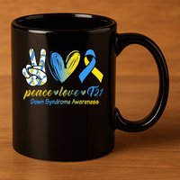 Peace Love Down Syndrome Ribbon 11oz C Handle Ceramic Mug
