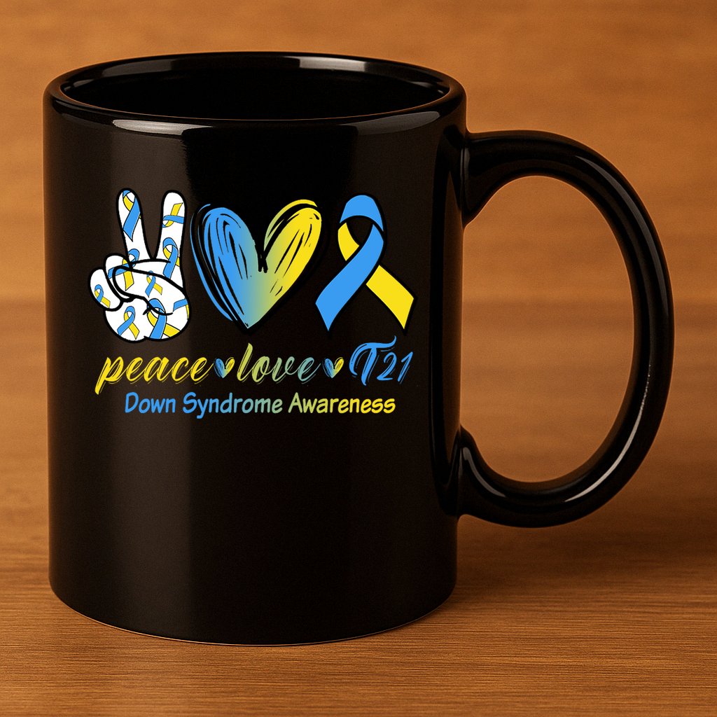 Peace Love Down Syndrome Ribbon 11oz C Handle Ceramic Mug