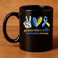 Peace Love Down Syndrome Ribbon 11oz C Handle Ceramic Mug