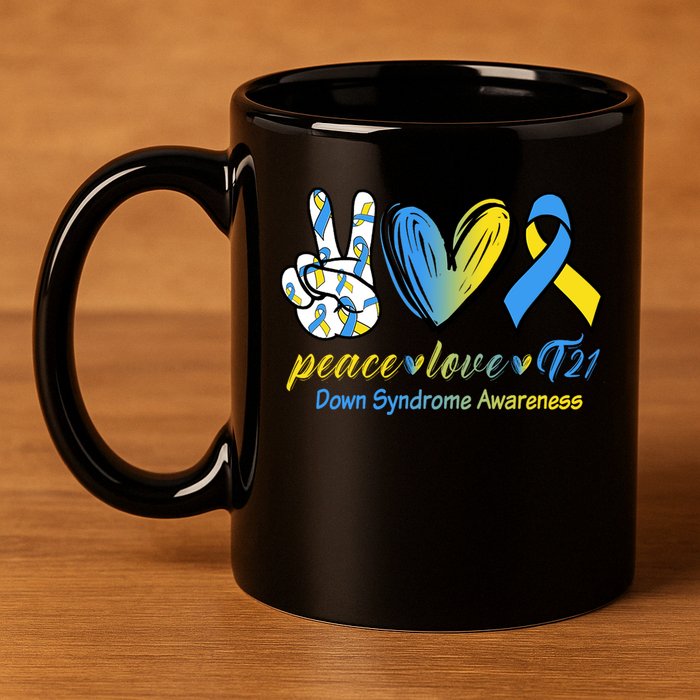 Peace Love Down Syndrome Ribbon 11oz C Handle Ceramic Mug