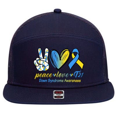 Peace Love Down Syndrome Ribbon 7 Panel Mesh Trucker Snapback Hat