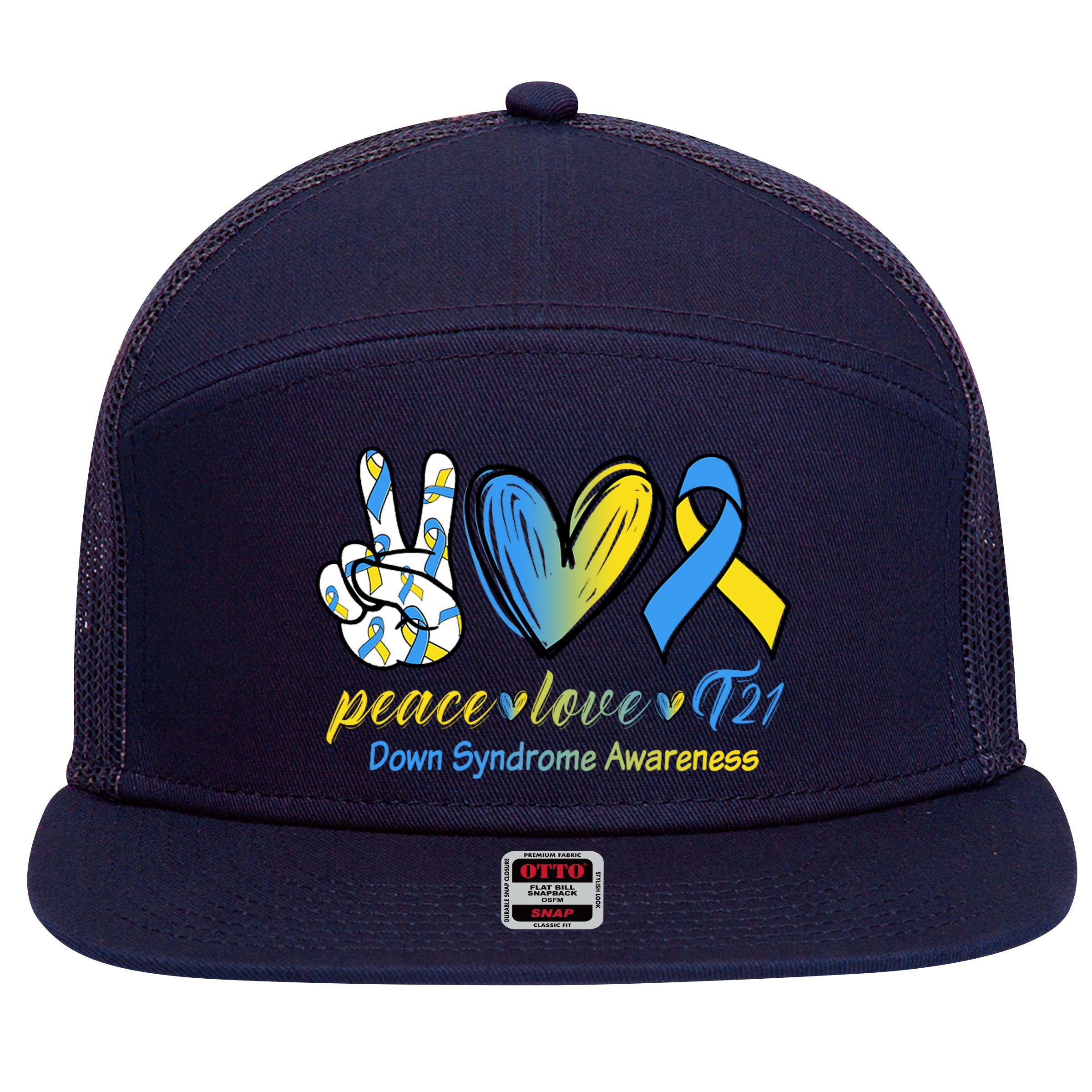 Peace Love Down Syndrome Ribbon 7 Panel Mesh Trucker Snapback Hat