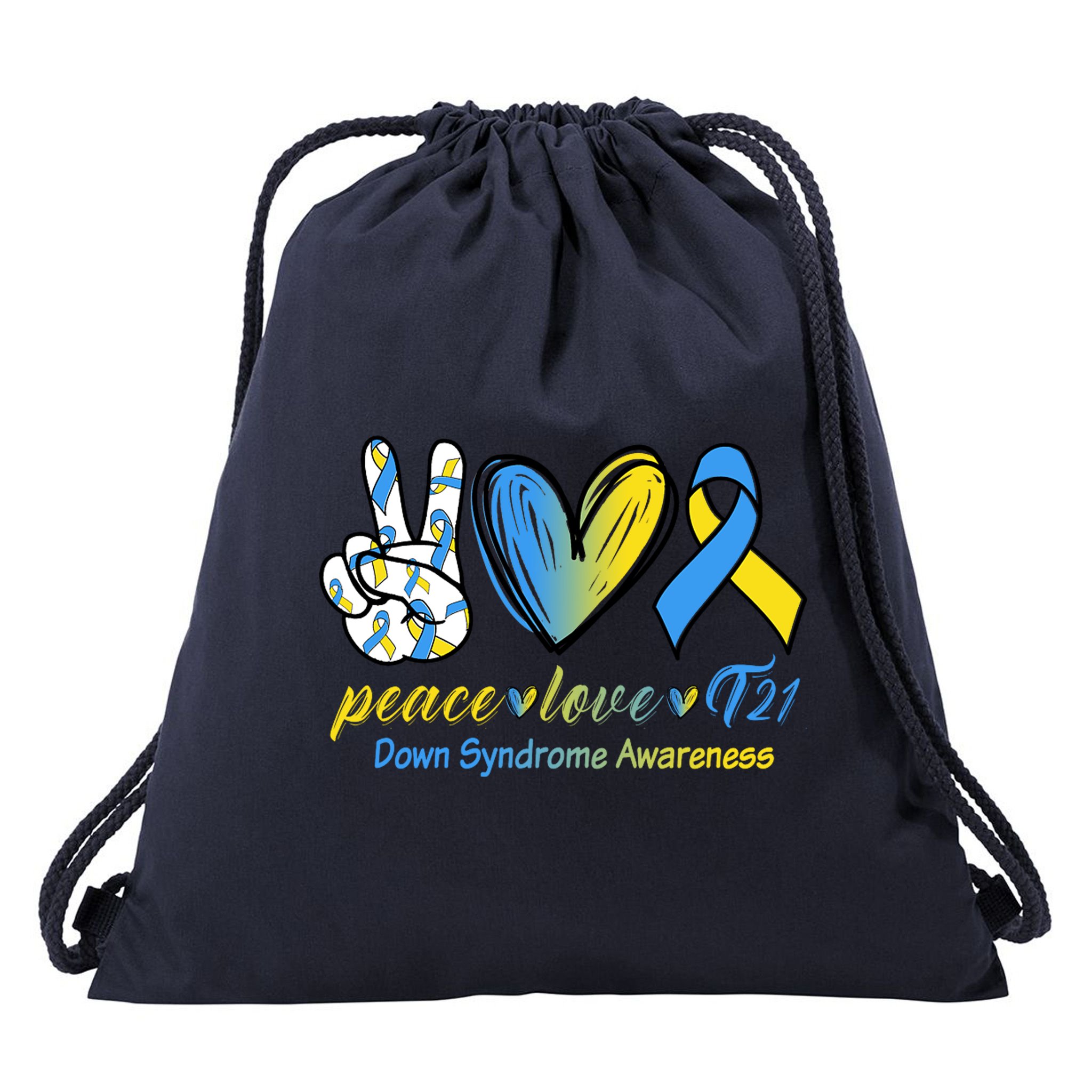 Peace Love Down Syndrome Ribbon Drawstring Bag