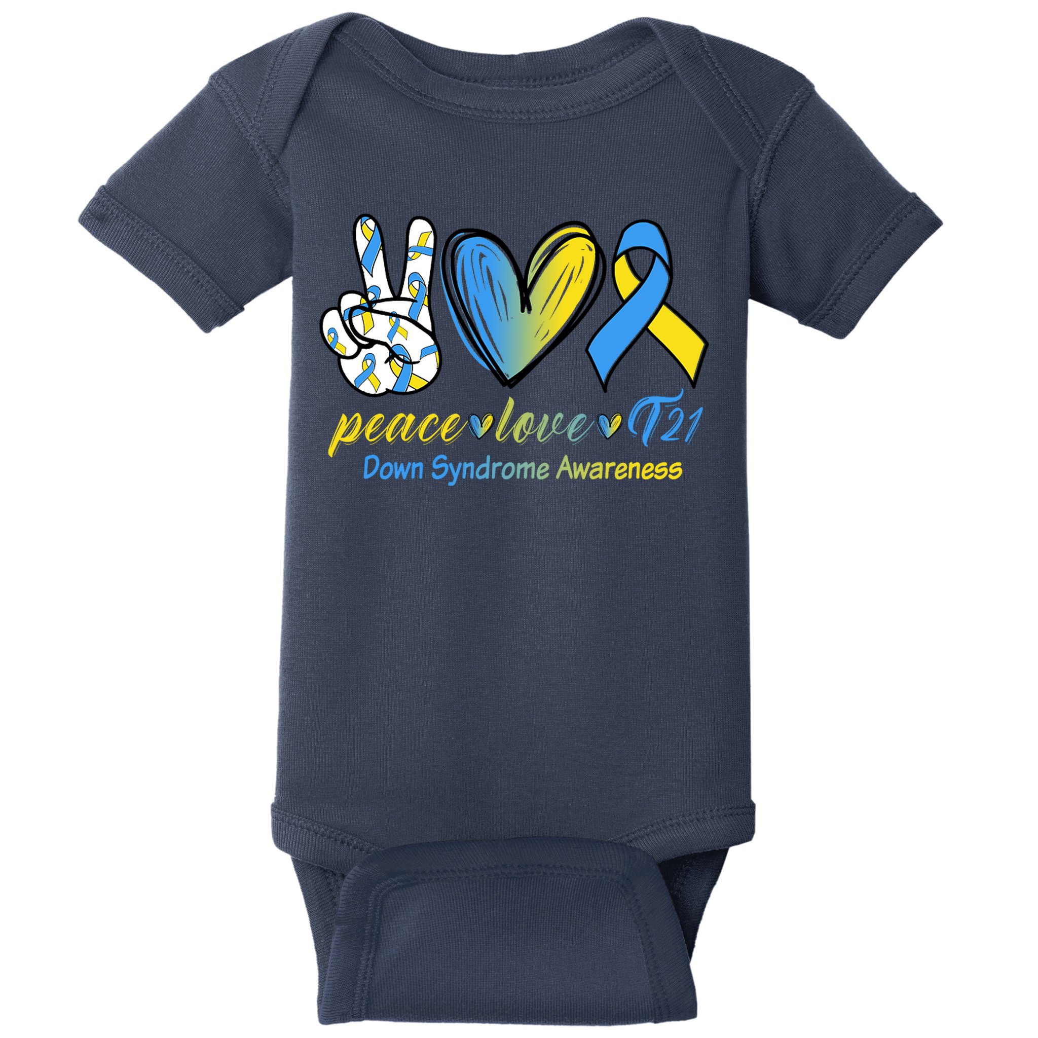 Peace Love Down Syndrome Ribbon Baby Bodysuit
