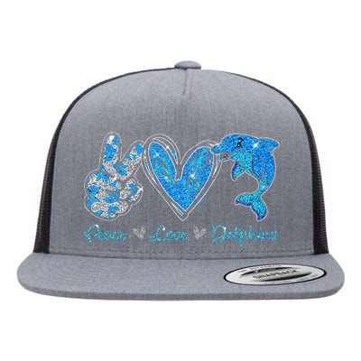 Peace Love Dolphins Funny Dolphin Lover Gifts Flat Bill Trucker Hat