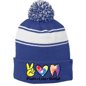 Peace Love Dental Gift Assistant Hygienist Dentist Gift Stripe Pom Pom Beanie