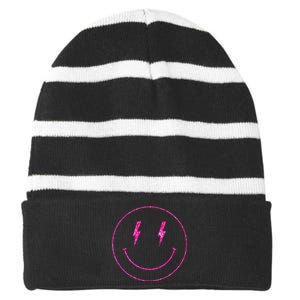 Pink Lightening Eyes Smile Face Blue Color Striped Beanie with Solid Band