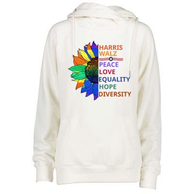 Peace Love Equality Hope Diversity Kamala Harris Waltz 2024 Womens Funnel Neck Pullover Hood