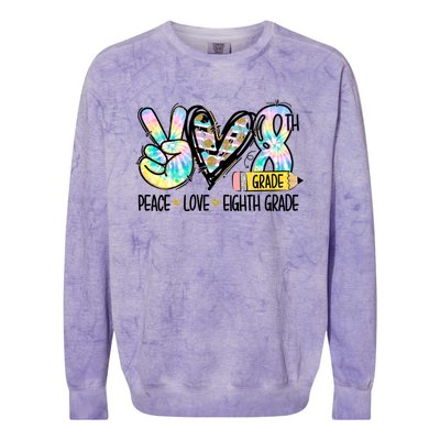 Peace Love Eighth Grade Funny Tie Dye Student Teacher Gift Colorblast Crewneck Sweatshirt