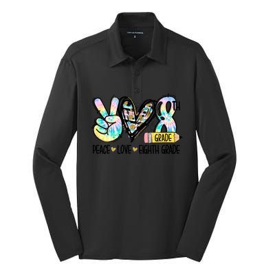 Peace Love Eighth Grade Funny Tie Dye Student Teacher Gift Silk Touch Performance Long Sleeve Polo