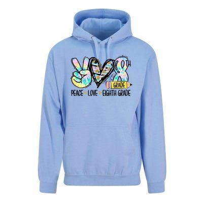 Peace Love Eighth Grade Funny Tie Dye Student Teacher Gift Unisex Surf Hoodie