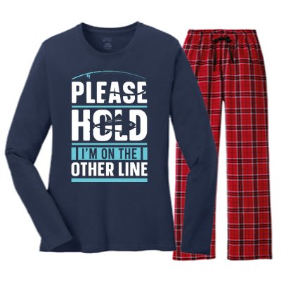 Please Hold I'm On The Other Line Fishing Funny Women's Long Sleeve Flannel Pajama Set 