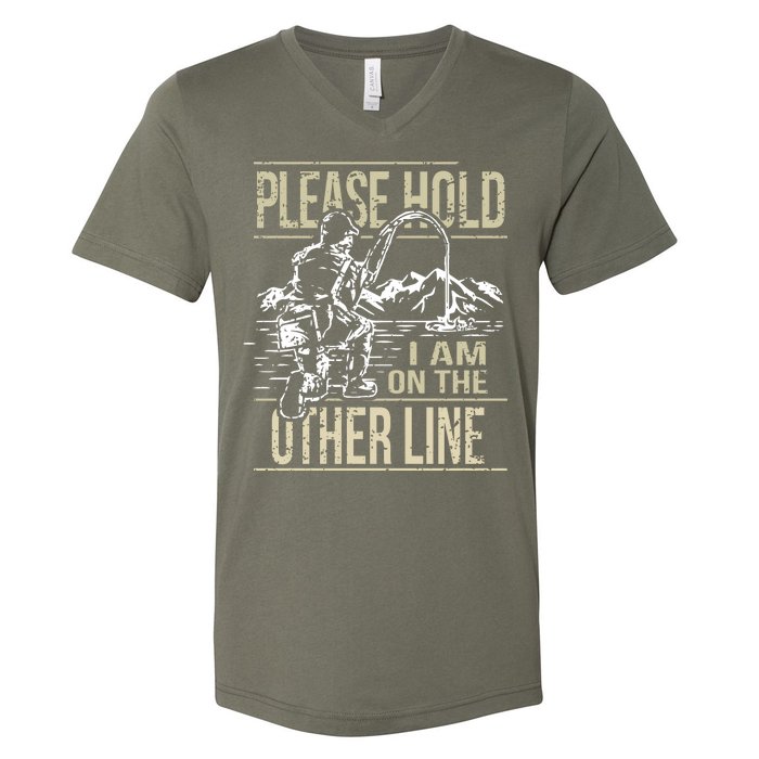 Please Hold I'm On The Other Line Vintage Funny Fishing V-Neck T-Shirt