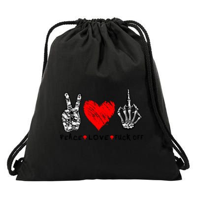Peace Love Fuck Off Skeleton Hand Red Heart Hippie Gift Drawstring Bag
