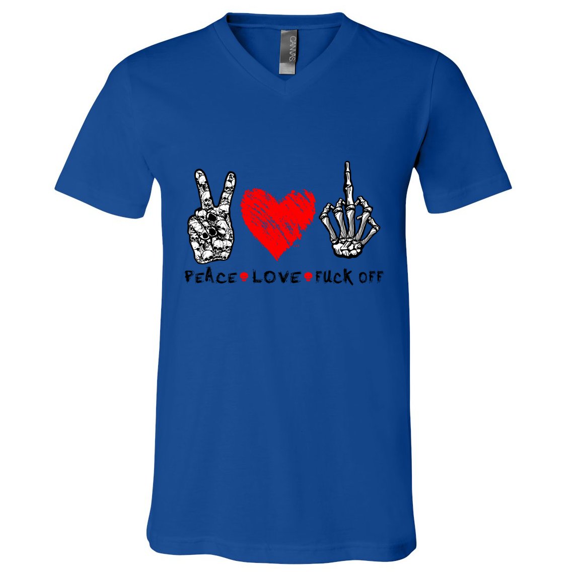 Peace Love Fuck Off Skeleton Hand Red Heart Hippie Gift V-Neck T-Shirt
