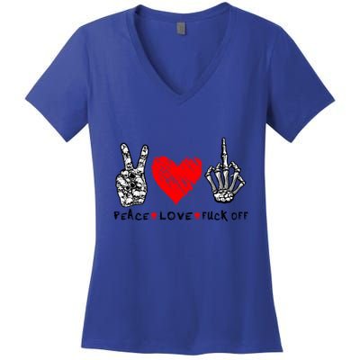 Peace Love Fuck Off Skeleton Hand Red Heart Hippie Gift Women's V-Neck T-Shirt