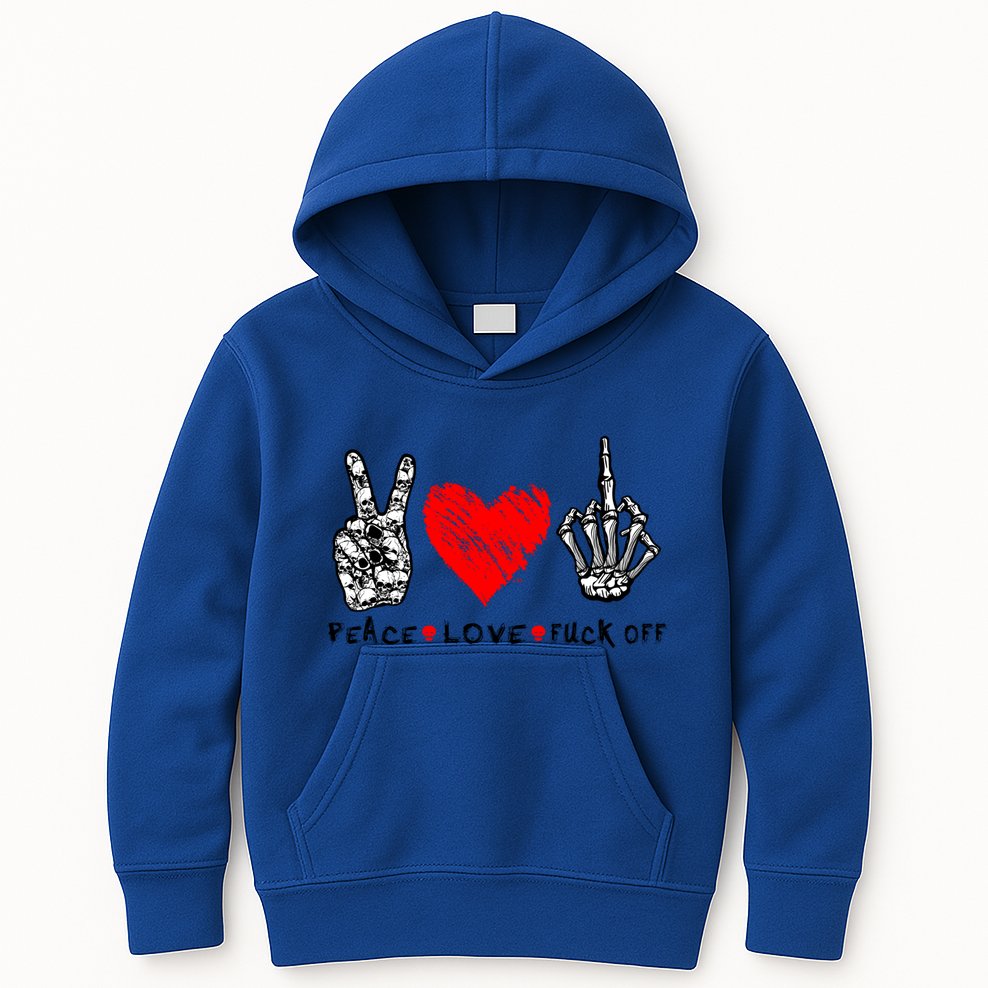 Peace Love Fuck Off Skeleton Hand Red Heart Hippie Gift Kids Hoodie