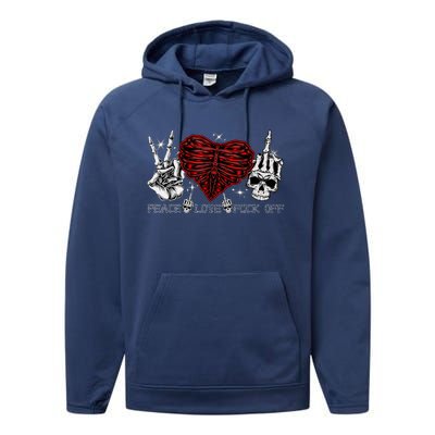 Peace Love FuckOff Skeleton Hand Half Heart Half Skull Performance Fleece Hoodie