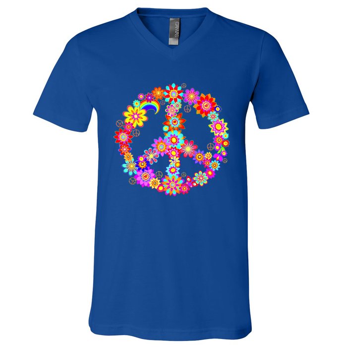 Peace Love Gift 60's 70's Hippie Costume Colorful Flowers Gift V-Neck T-Shirt