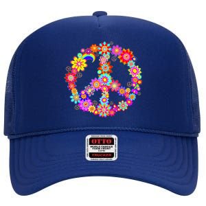 Peace Love Gift 60's 70's Hippie Costume Colorful Flowers Gift High Crown Mesh Back Trucker Hat