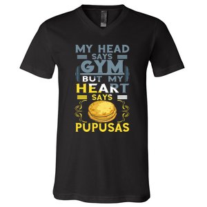 Pupusas Lover Gym Barbell Pupusas Heart El Salvadorian Food V-Neck T-Shirt