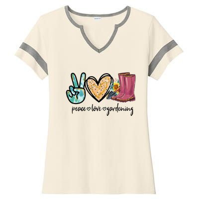 Peace Love Gardening Tools Flowers Garden Lover Fun Gardener Ladies Halftime Notch Neck Tee