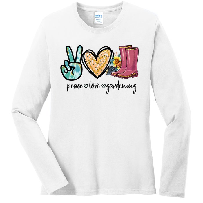 Peace Love Gardening Tools Flowers Garden Lover Fun Gardener Ladies Long Sleeve Shirt