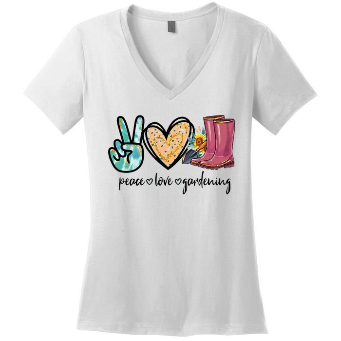 Peace Love Gardening Tools Flowers Garden Lover Fun Gardener Women's V-Neck T-Shirt