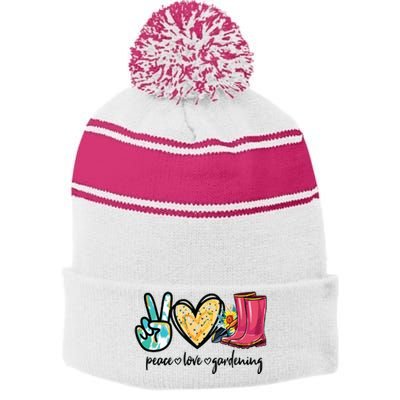 Peace Love Gardening Tools Flowers Garden Lover Fun Gardener Stripe Pom Pom Beanie