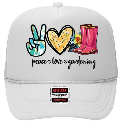 Peace Love Gardening Tools Flowers Garden Lover Fun Gardener High Crown Mesh Back Trucker Hat