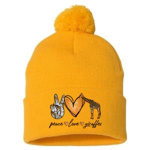 Peace Love Giraffes Gifts Peace Hand Sign Heart Pom Pom 12in Knit Beanie