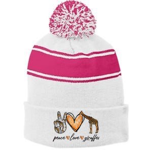 Peace Love Giraffes Gifts Peace Hand Sign Heart Stripe Pom Pom Beanie