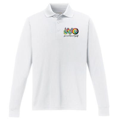 Peace Love Golf Funny Tie Dye Golf Lovers Performance Long Sleeve Polo