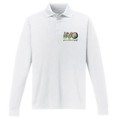 Peace Love Golf Funny Tie Dye Golf Lovers Performance Long Sleeve Polo