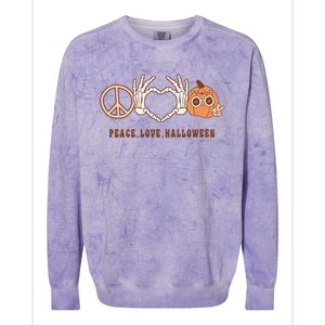 Peace Love Halloween Cute Skeleton Hand Hippie Pumpkin Retro Gift Colorblast Crewneck Sweatshirt