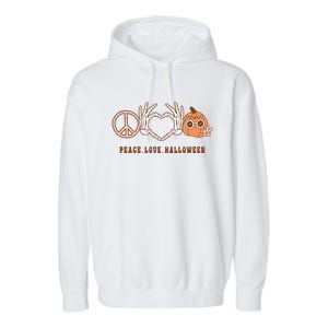 Peace Love Halloween Cute Skeleton Hand Hippie Pumpkin Retro Gift Garment-Dyed Fleece Hoodie