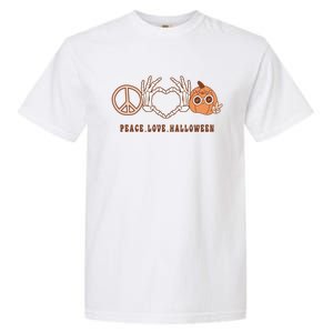 Peace Love Halloween Cute Skeleton Hand Hippie Pumpkin Retro Gift Garment-Dyed Heavyweight T-Shirt