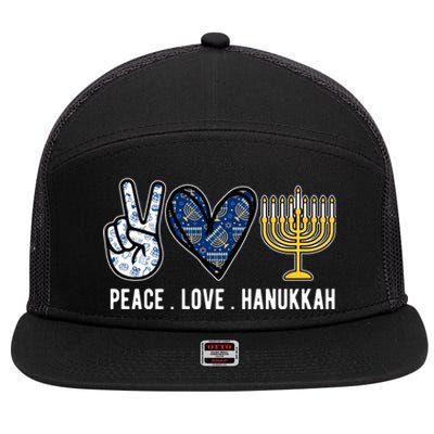 Peace Love Hanukkah Jewish Holiday Gift 7 Panel Mesh Trucker Snapback Hat