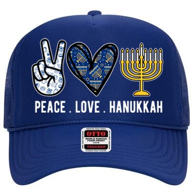 Peace Love Hanukkah Jewish Holiday Gift High Crown Mesh Back Trucker Hat