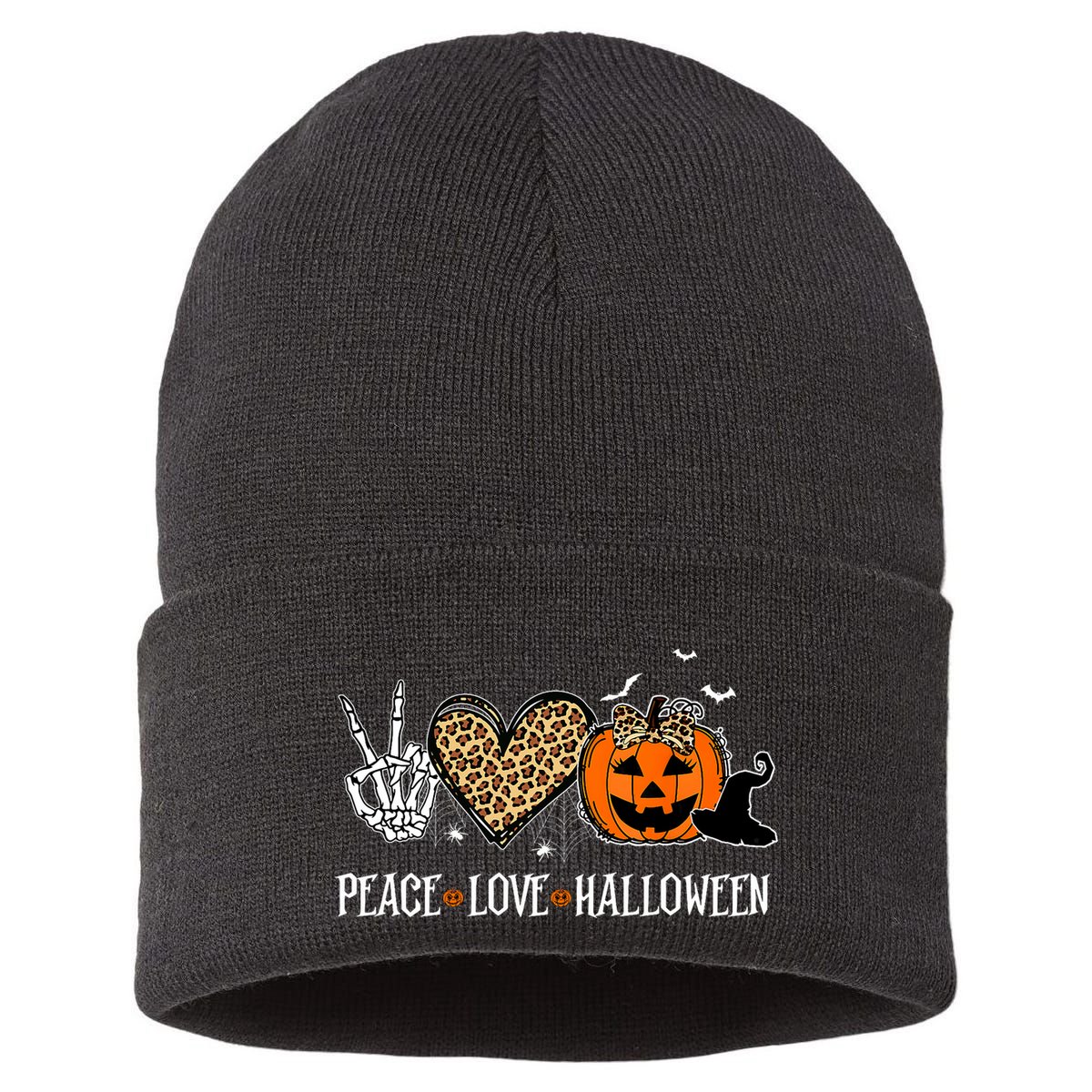Peace Love Halloween Happy Halloween Pumpkin Leopard Heart Sustainable Knit Beanie