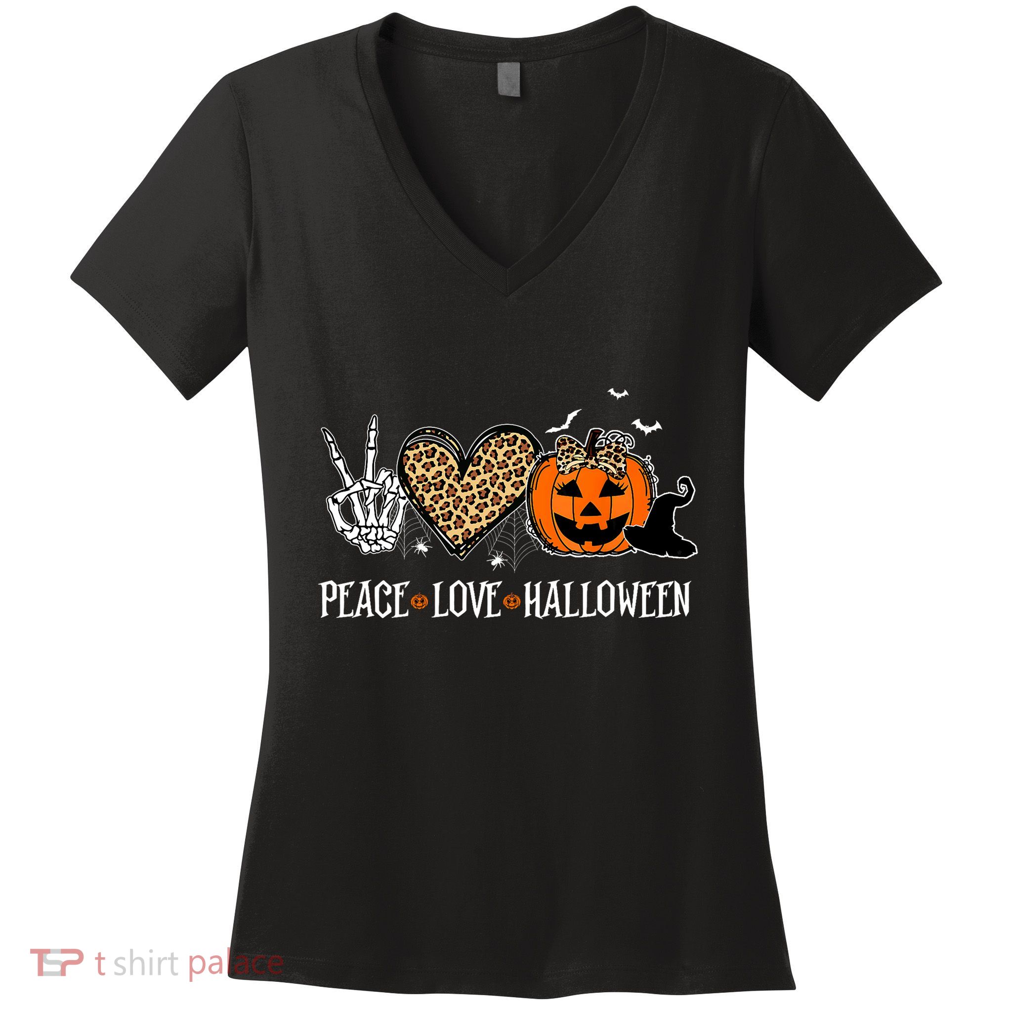 Peace Love Halloween Happy Halloween Pumpkin Leopard Heart Women's V-Neck T-Shirt