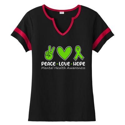 Peace Love Hope Mental Health Awareness Green Ribbon Ladies Halftime Notch Neck Tee