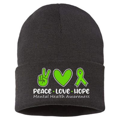 Peace Love Hope Mental Health Awareness Green Ribbon Sustainable Knit Beanie