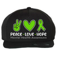 Peace Love Hope Mental Health Awareness Green Ribbon Wool Snapback Cap