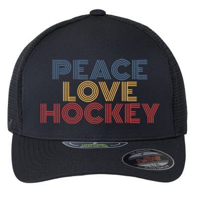 Peace Love Hockey Retro 70s Vintage Look Gift Flexfit Unipanel Trucker Cap