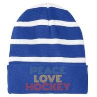 Peace Love Hockey Retro 70s Vintage Look Gift Striped Beanie with Solid Band