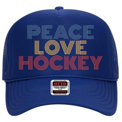 Peace Love Hockey Retro 70s Vintage Look Gift High Crown Mesh Back Trucker Hat